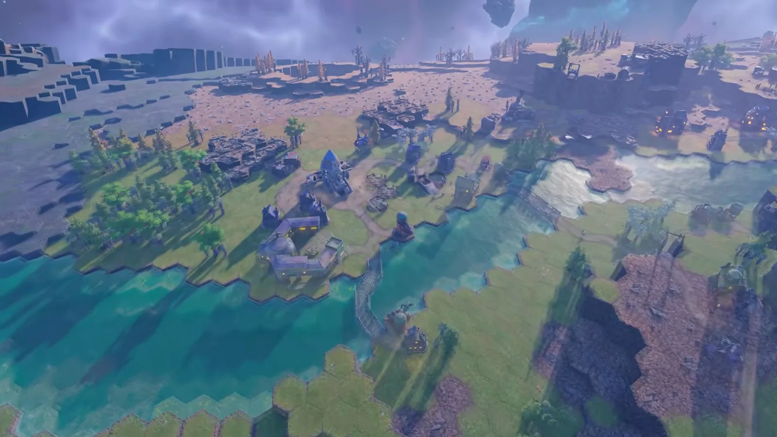Industrial storage tanks, pipe networks, and irrigated hex farms in Beyond These Stars