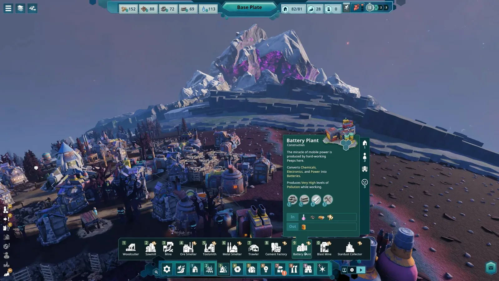 Crater mining site and industrial hex roads on Kewa’s rocky terrain in Beyond These Stars