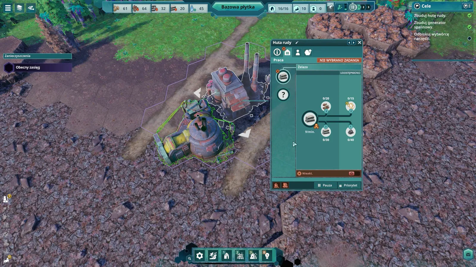Selected building power and worker status panel in Beyond These Stars telemetry UI