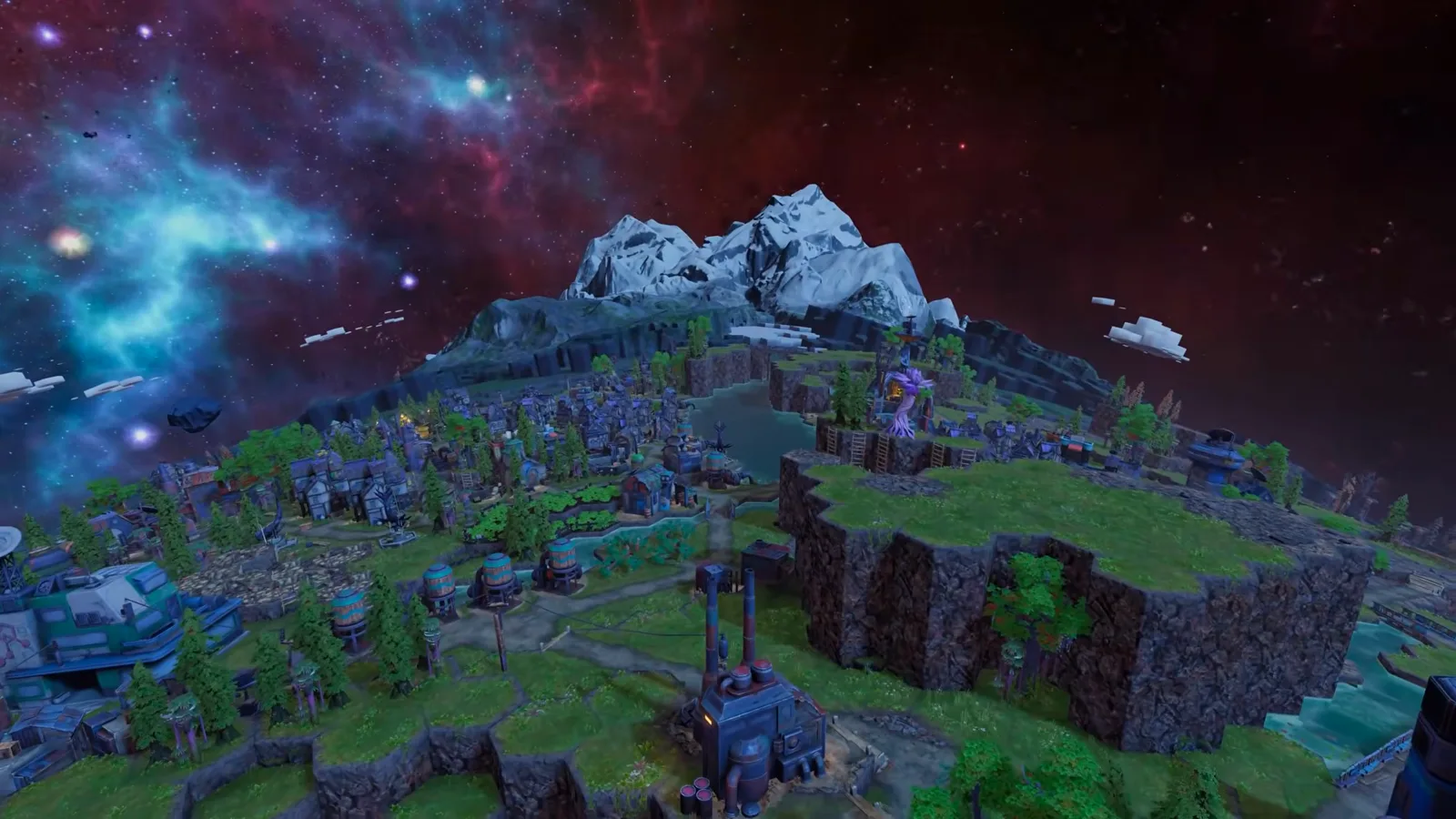 Glacier mountain peak feeding a lush green terraformed valley on Kewa’s back in Beyond These Stars