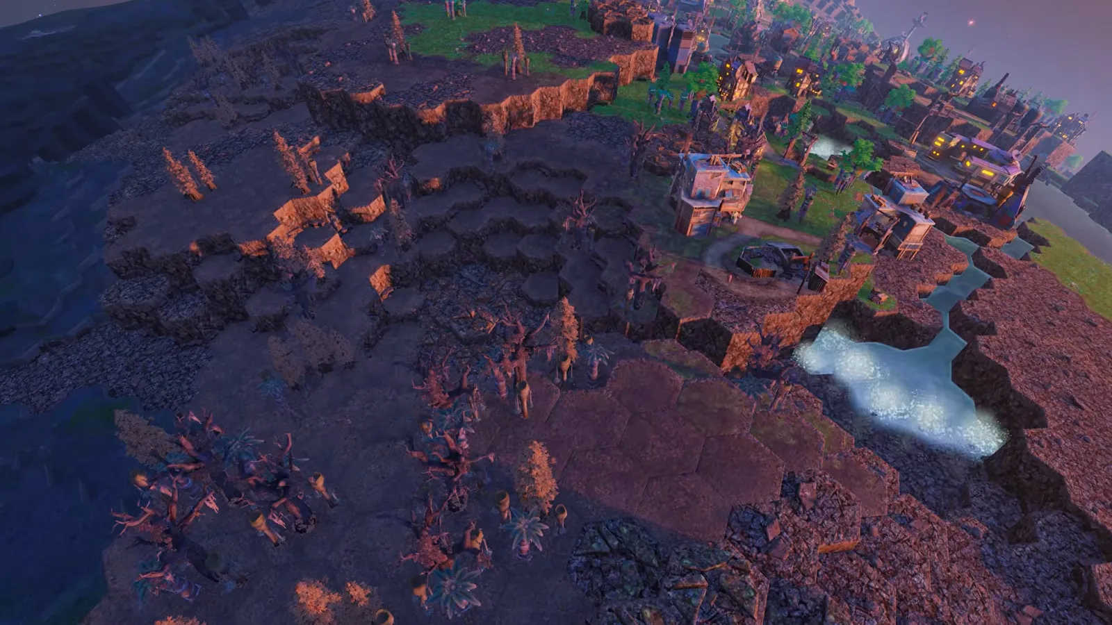Top-down tactical hex grid showing water source tiles and surrounding irrigated hexes